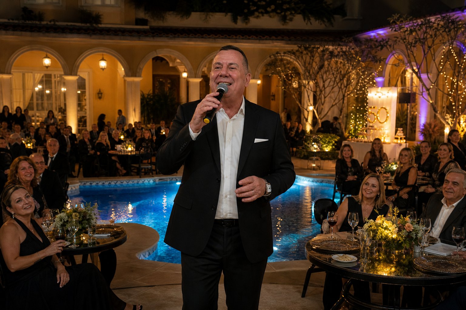 Fiore Ciambarella cantando em uma festa particular, ambiente sofisticado com piscina