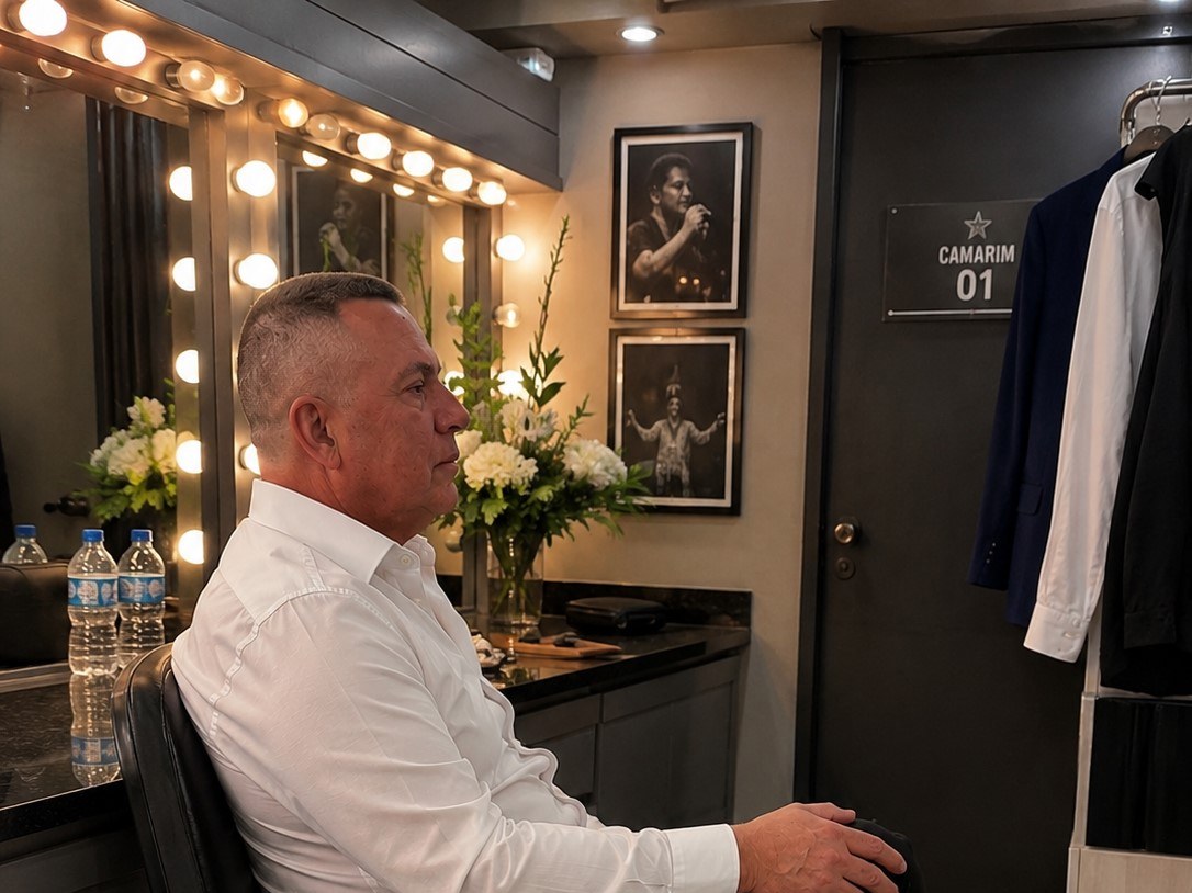 Fiore Ciambarella no camarim, se preparando antes de entrar no palco