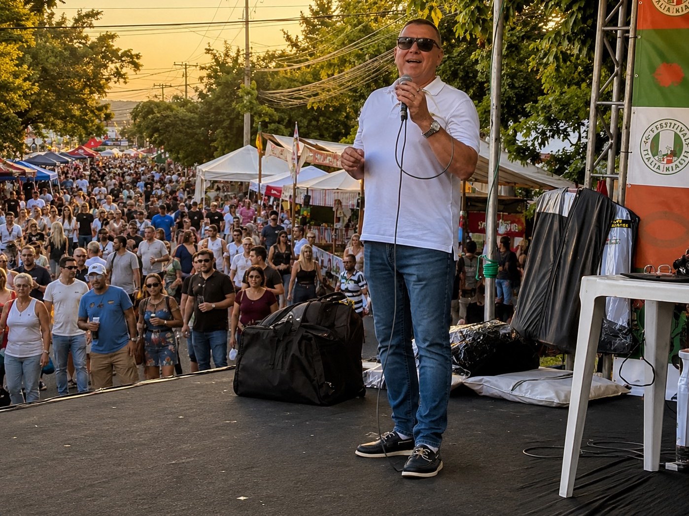 Fiore Ciambarella cantando em uma feira, com o público ao fundo